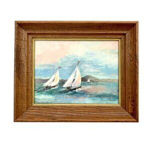 Painting Sail Boat Original Nautical Art in Wooden Frame Vintage Office Decor